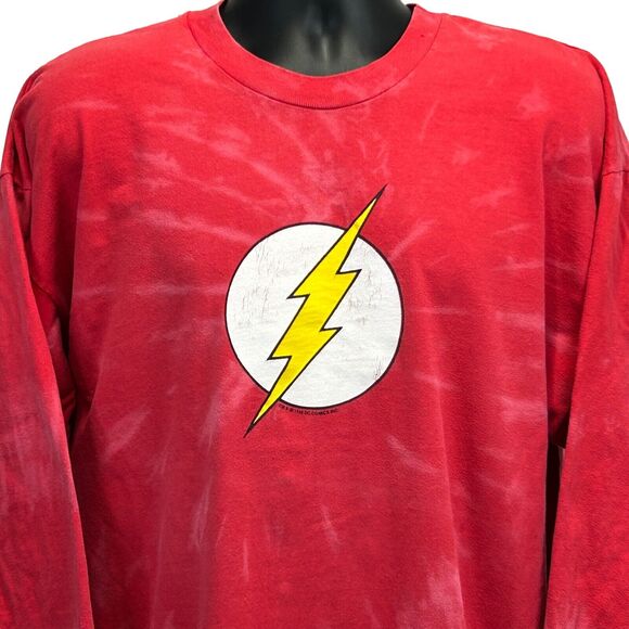 Vintage 90s The Flash Logo T Shirt Mens XXL 2XL DC Comics Comic Book LS Tee Red - Picture 1 of 10